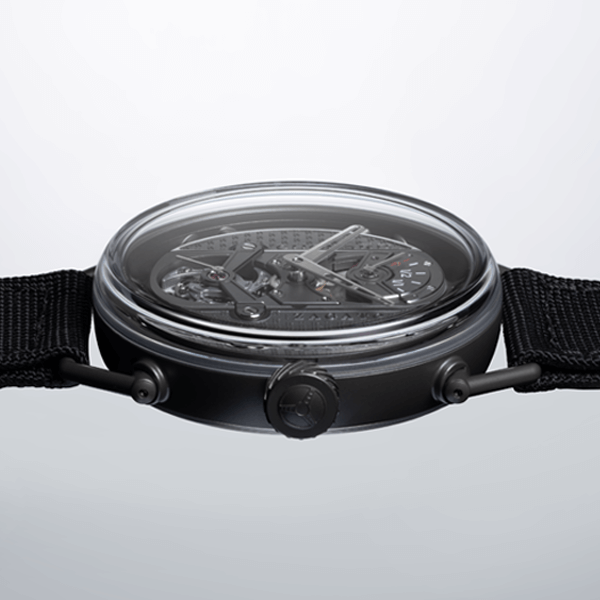 The glassbox construction of Zagato Lab One Concept is fully revealed in profile, while a steering wheel motif on the crown recalls its automotive inspiration.